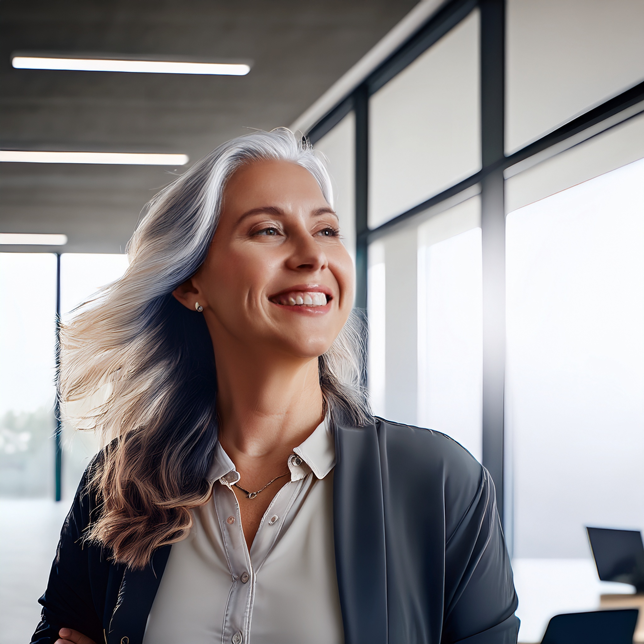 Frau mit professionellem Auftreten, lächelnd, in einem Büro.
