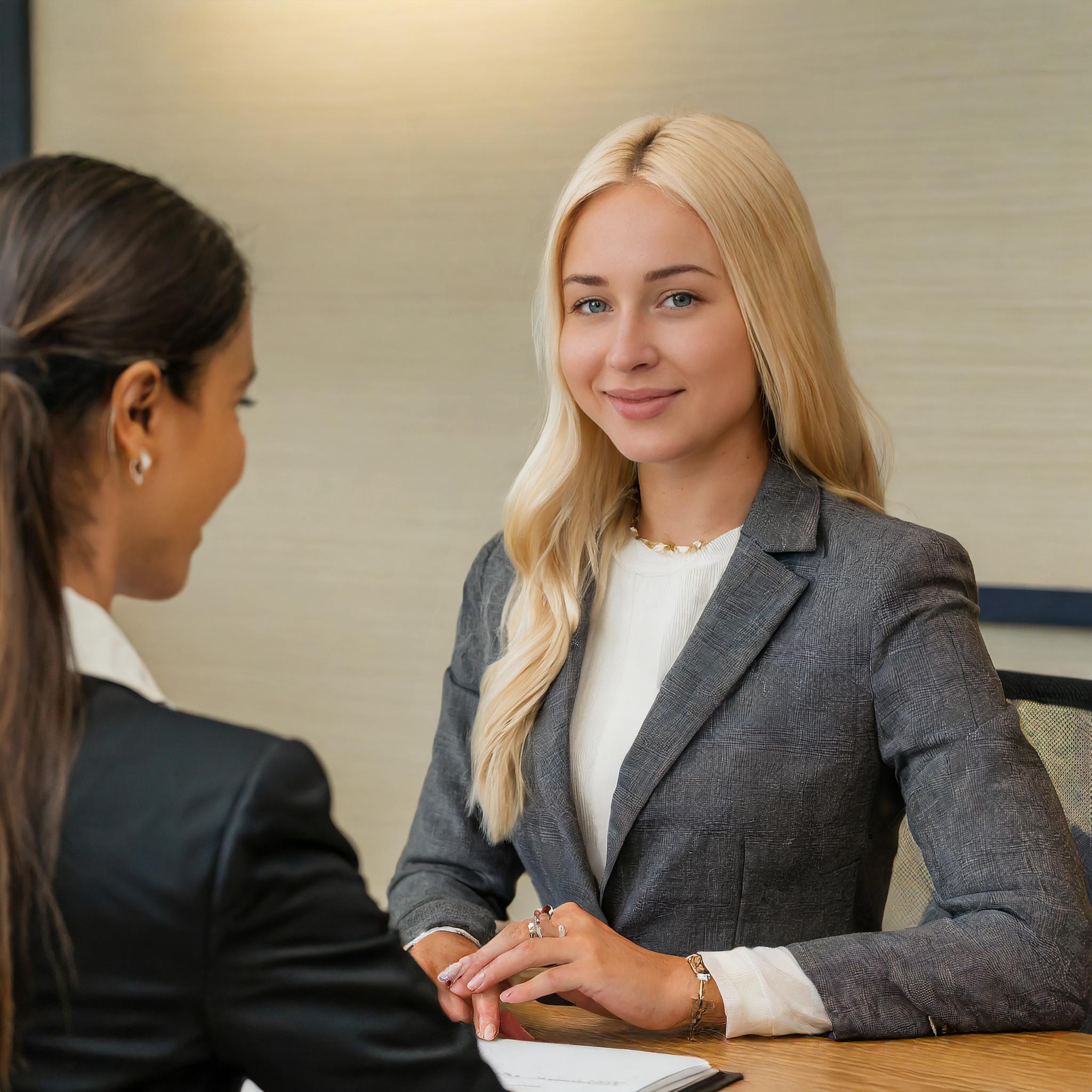 Frau in einem eleganten Kostüm, freundlich, in einer Konferenzraum-Umgebung.